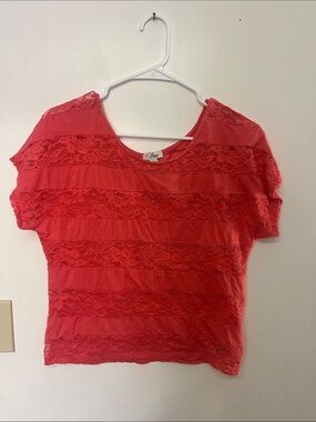 Guess Coral Lace-Striped Short Sleeve Top